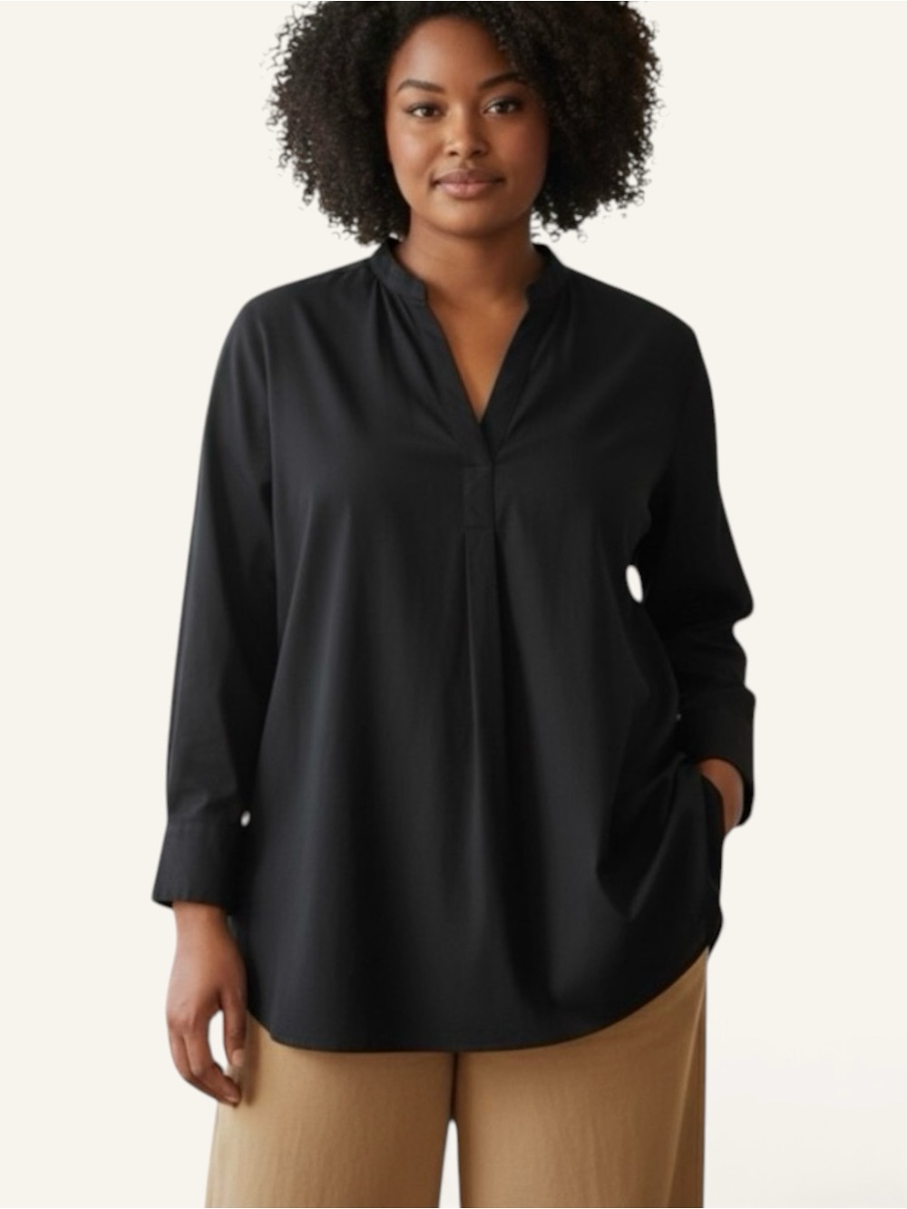 EShakti Black Cotton Poplin Popover Tunic Shirt Size XL/16 Long Sleeve Like New